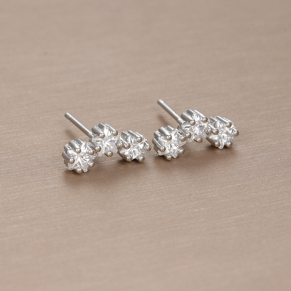 Sterling Silver Needle Geometric Stars Three Large Zircon Ear Studs Light Luxury And Simplicity