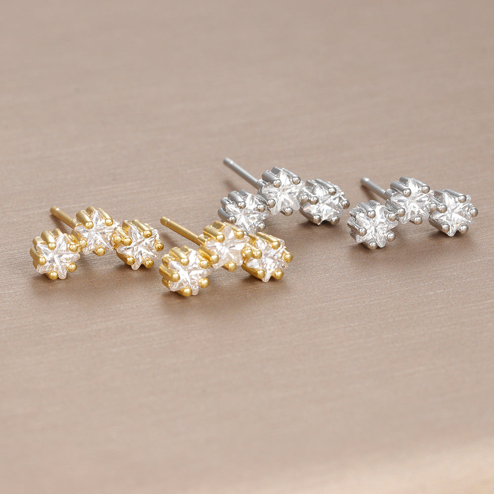 Sterling Silver Needle Geometric Stars Three Large Zircon Ear Studs Light Luxury And Simplicity